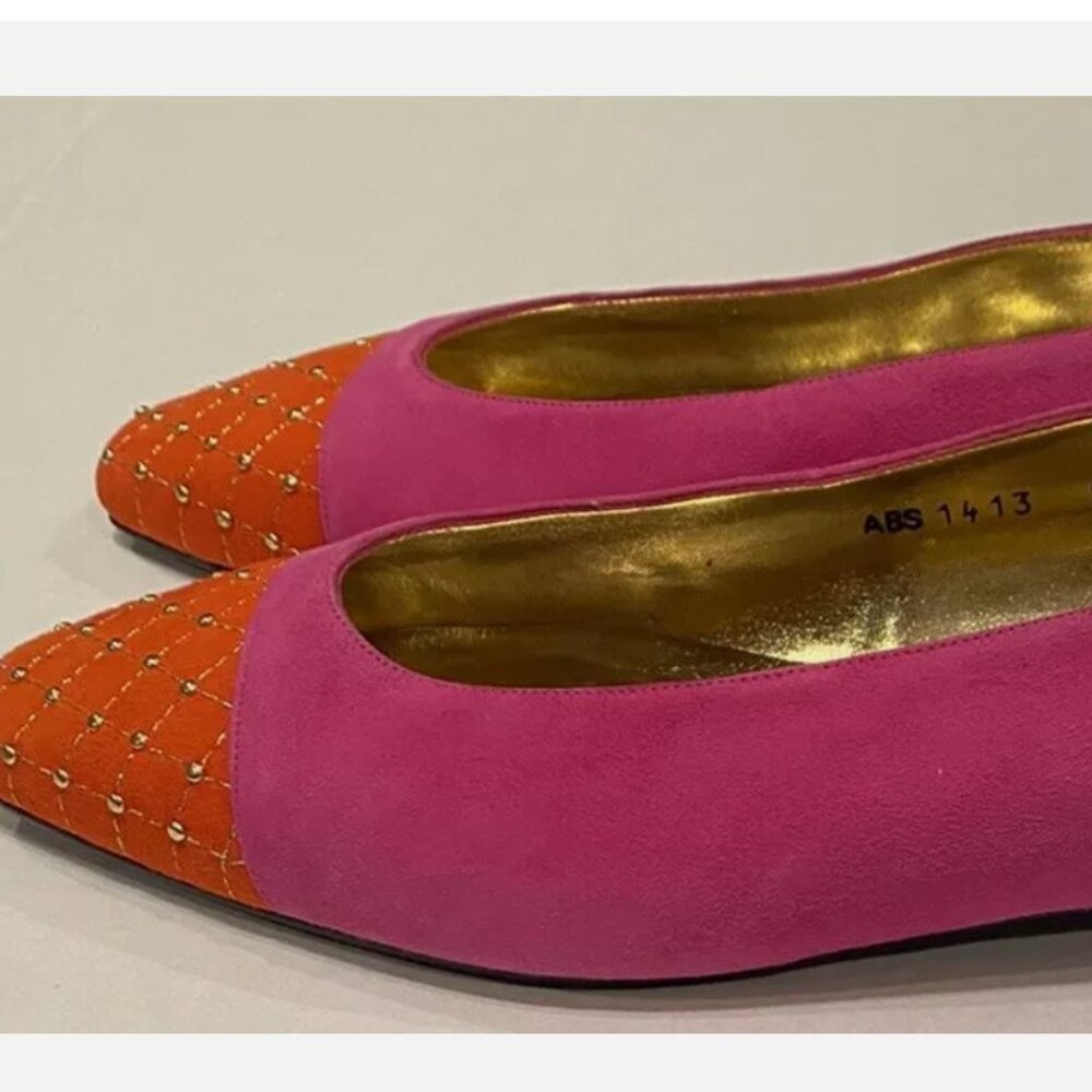 Vtg Unworn Timothy Hitsman Pink Orange Suede Leather Flats Shoes Sz 9 M Studded